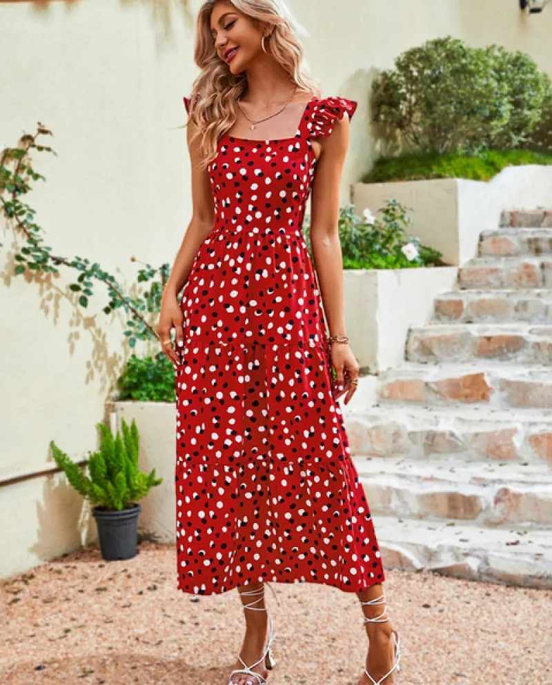 Estate Elegante Retro Polka Dot Colletto Quadrato Gonna Lunga Office Lady A Line Party Abiti Da Compleanno Per Le Donne Abito Ro