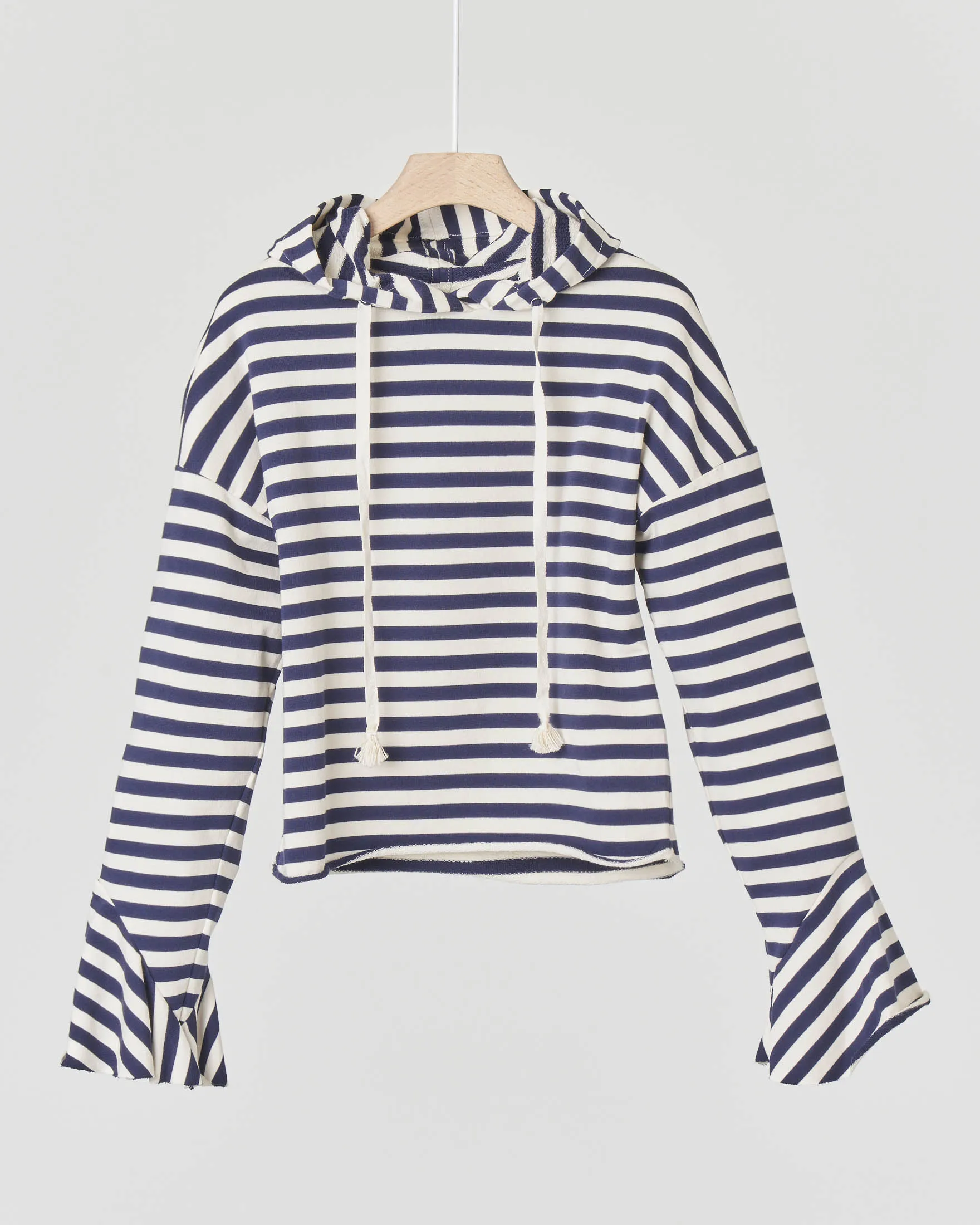 Felpa in cotone elasticizzato a righe avorio e blu con cappuccio 36-38