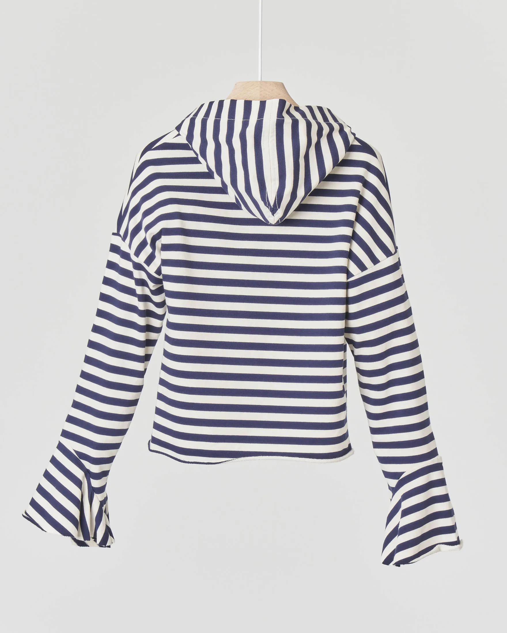 Felpa in cotone elasticizzato a righe avorio e blu con cappuccio 36-38