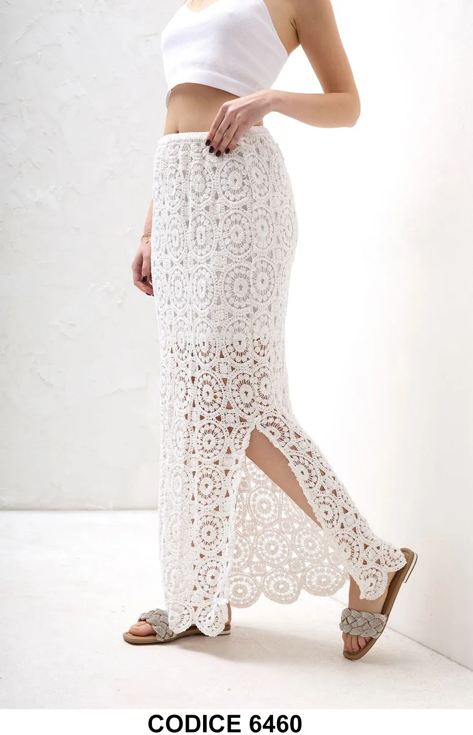 Gonna Lunga Estate Merletto Pizzo Bianca Intreccio Astratto Gonne Casual Eleganti -6460