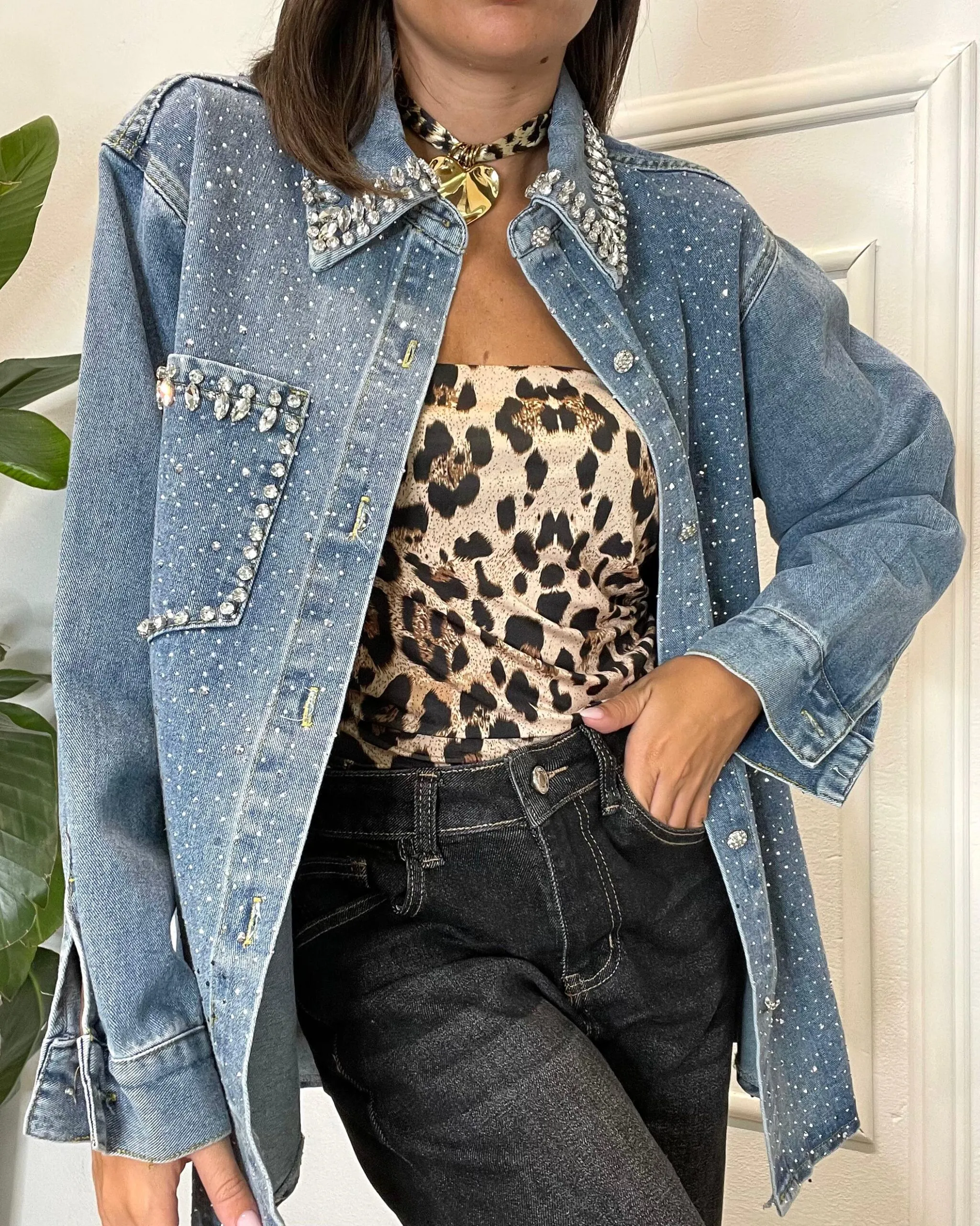 MAXI CAMICIA DENIM COLLETTO APPLICAZIONI 805 blu