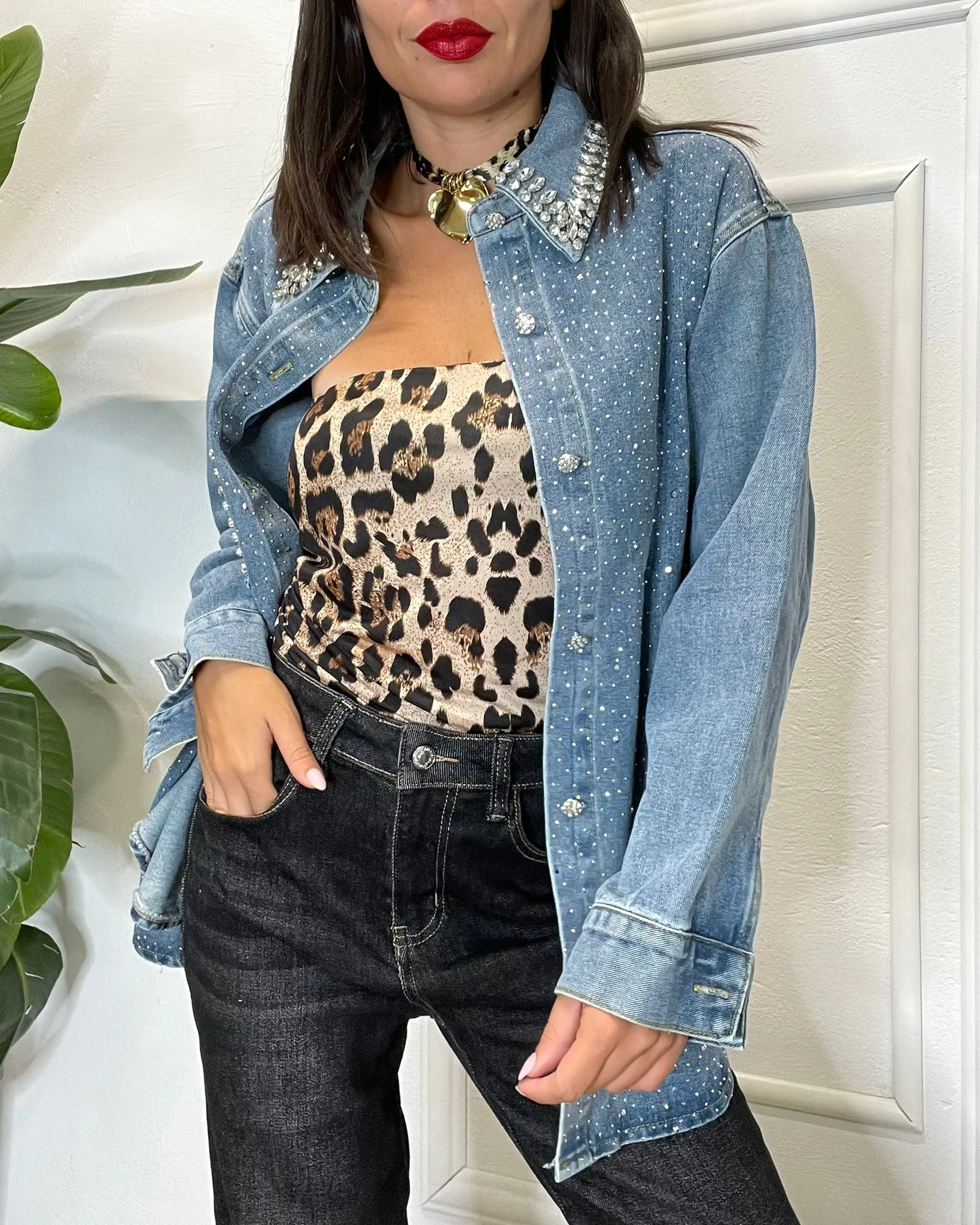MAXI CAMICIA DENIM COLLETTO APPLICAZIONI 805 blu