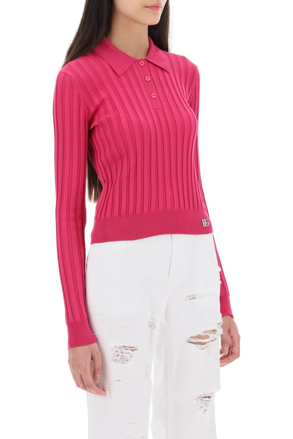 Polo A Manica Lunga In Maglia A Costine