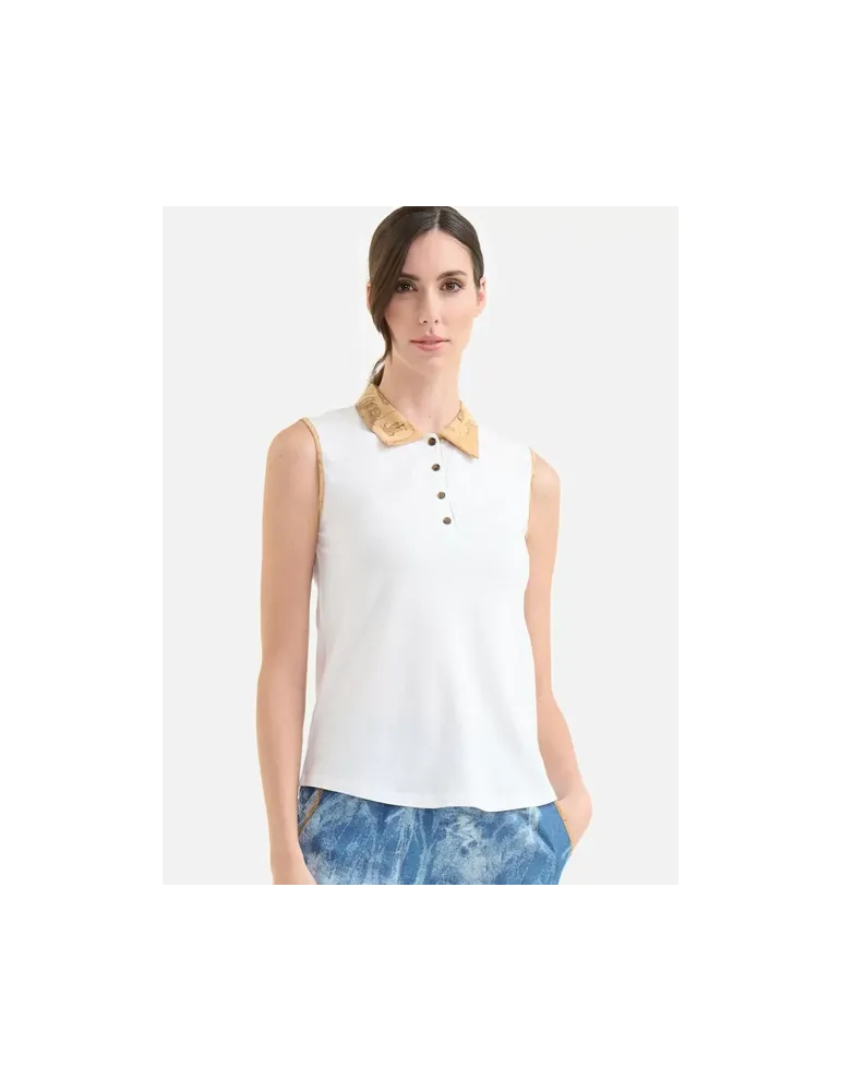 Polo smanicata in jersey piquet Gesso
