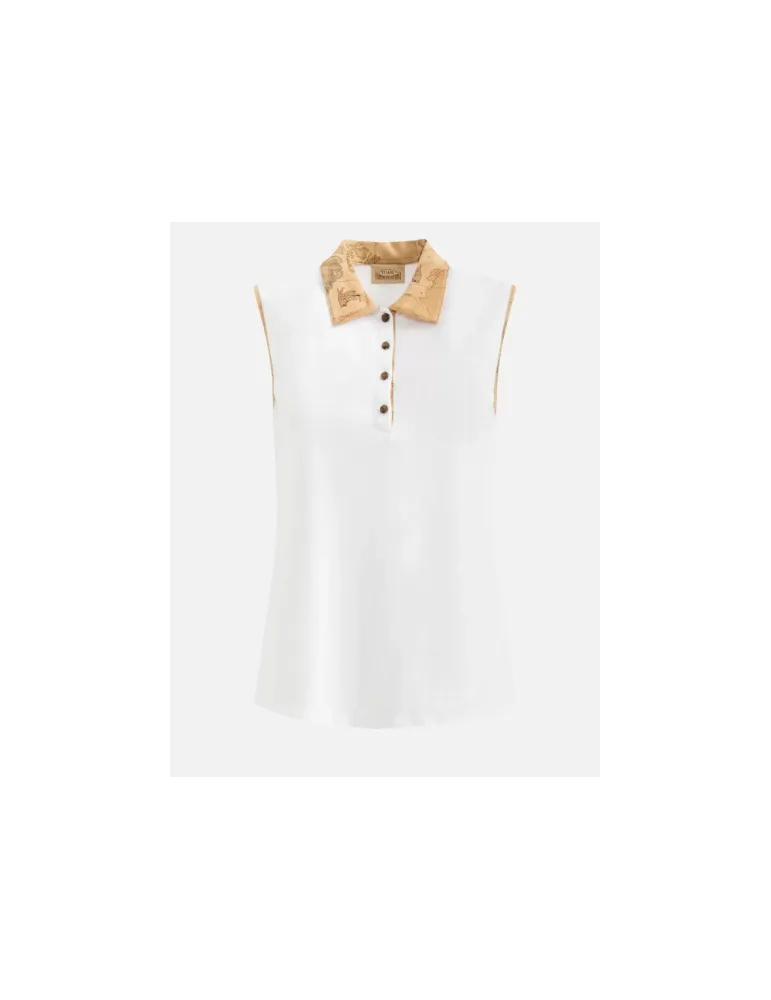 Polo smanicata in jersey piquet Gesso