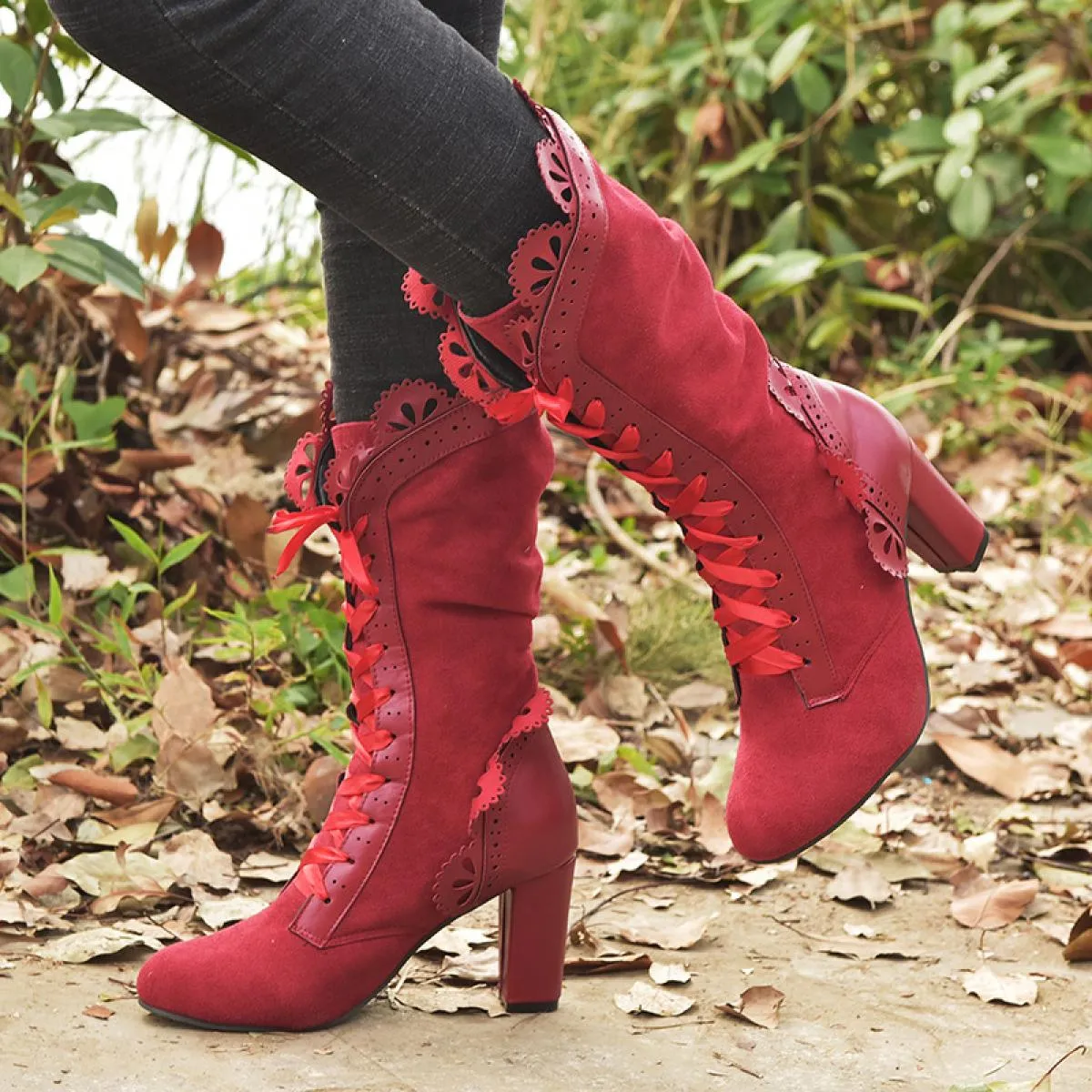 Stivali con tacco alto da donna Stivali Steampunk in pelle scamosciata da donna Autunno Scarpe invernali vintage da donna Stival