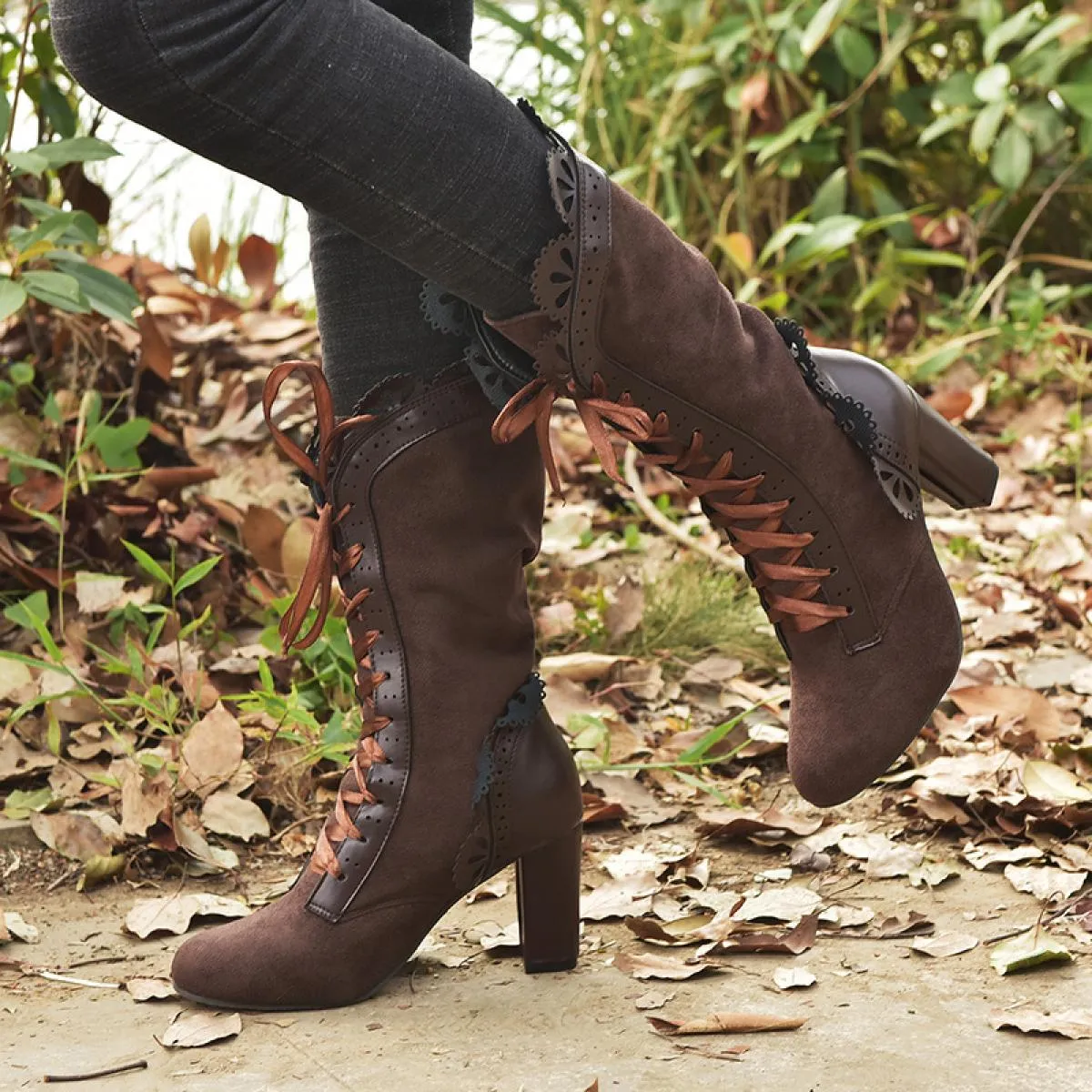 Stivali con tacco alto da donna Stivali Steampunk in pelle scamosciata da donna Autunno Scarpe invernali vintage da donna Stival