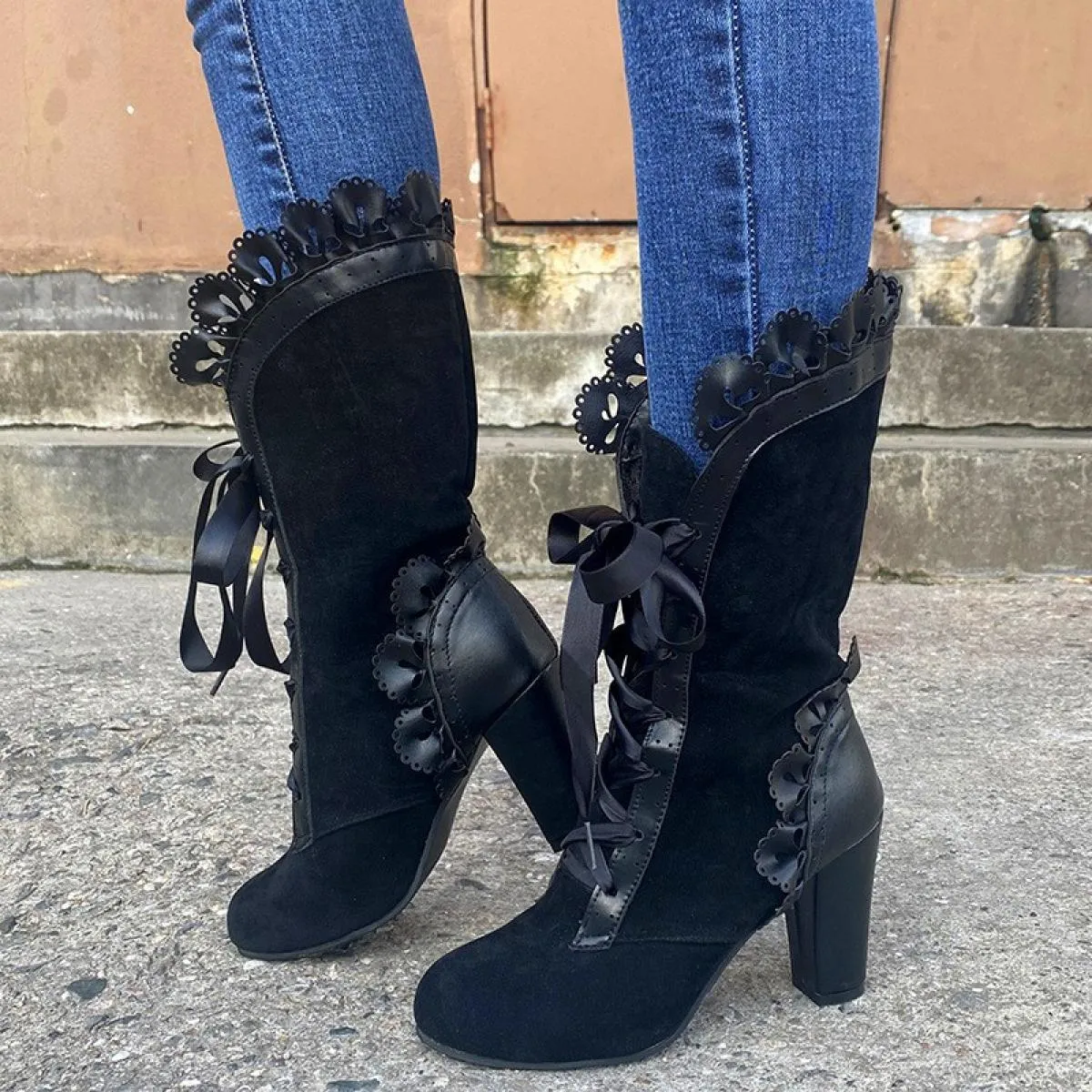 Stivali con tacco alto da donna Stivali Steampunk in pelle scamosciata da donna Autunno Scarpe invernali vintage da donna Stival
