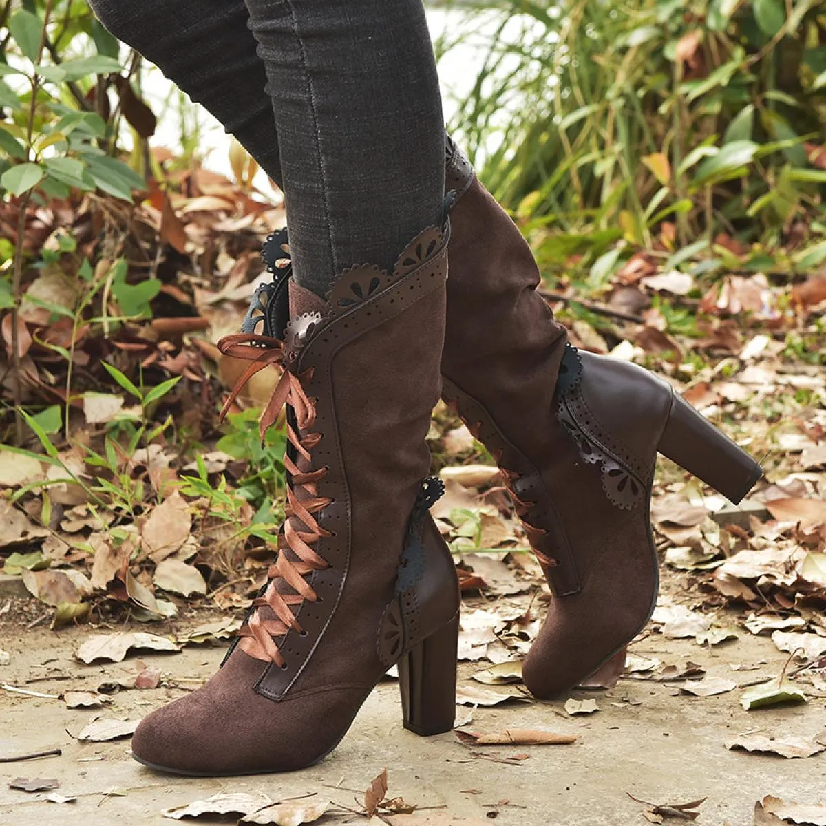 Stivali con tacco alto da donna Stivali Steampunk in pelle scamosciata da donna Autunno Scarpe invernali vintage da donna Stival