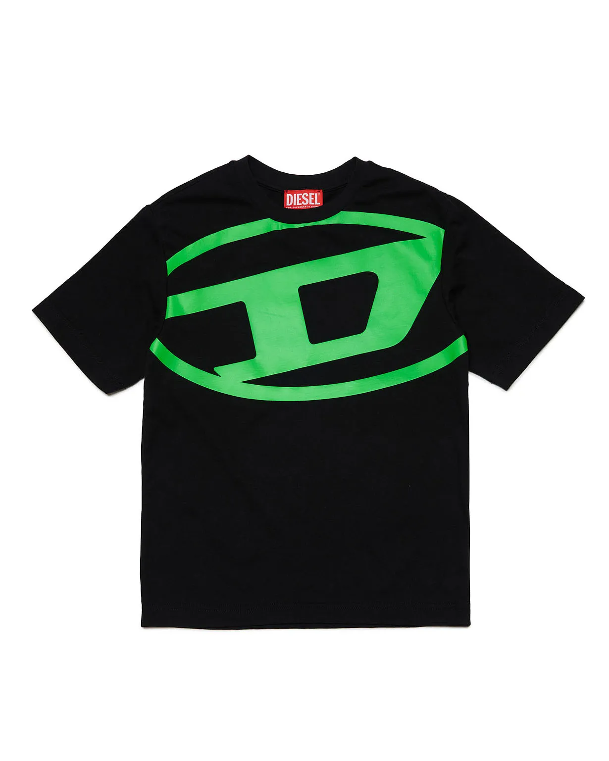 T-shirt nera in cotone a maniche corte con maxi logo 'Oval D' verde fluo 10-16 anni