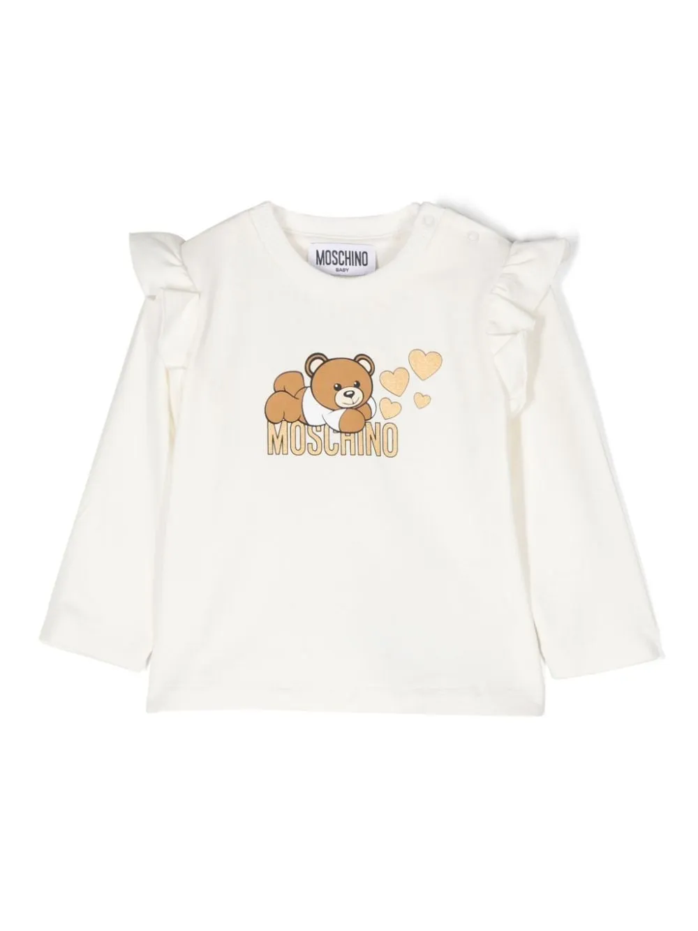 T-shirt per neonata Moschino Kids bianco con stampa Teddy Bear e ruches