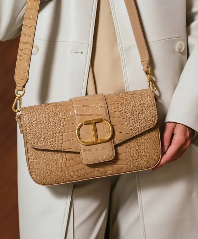 Twinset Borsa baguette Amie beige con goffratura coccodrillo 242TB7120