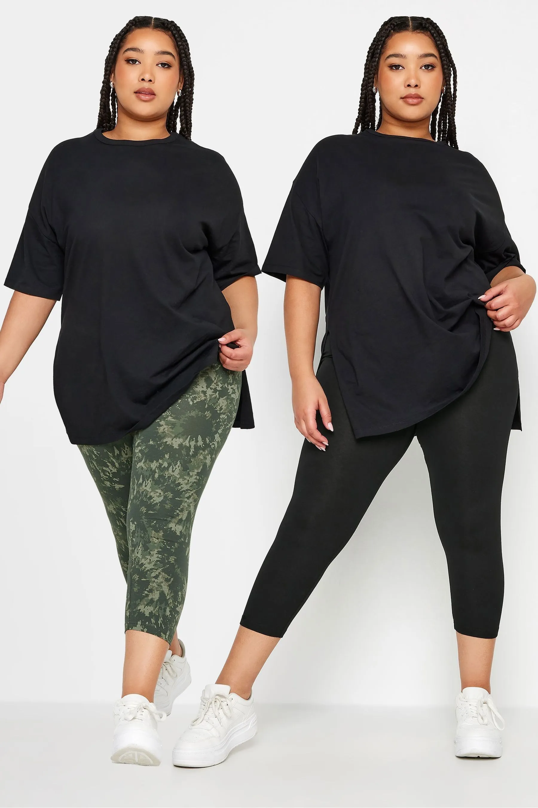 Yours Curve 2 PACK Nero & White Ditsy Floreale Stampa Leggings cropped    